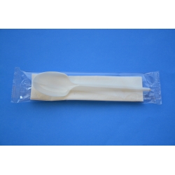 Zestaw biała łyżka, serwetka w folii